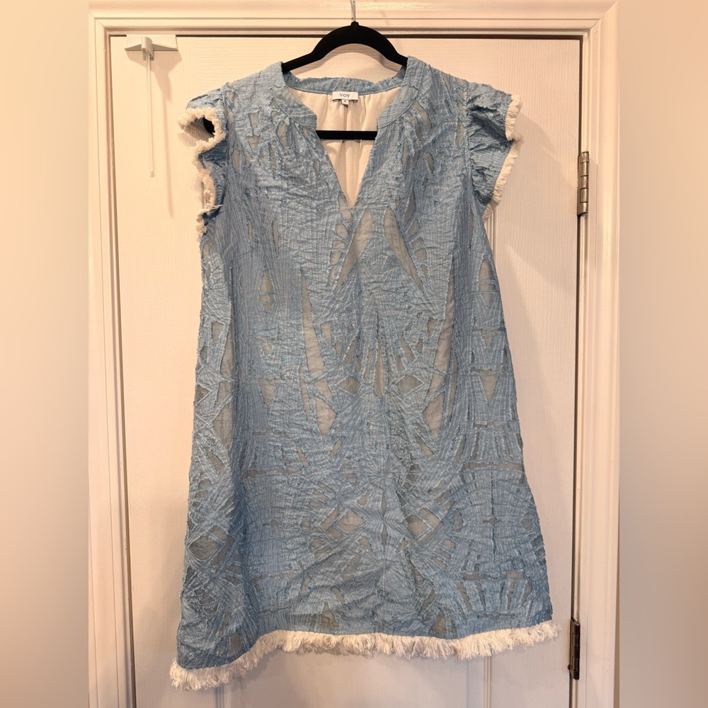 VOY Blue V-Neck Ruffle Sleeve Fringe Burnout Shift Dress Med Boho Cotton Linen - Picture 4 of 8